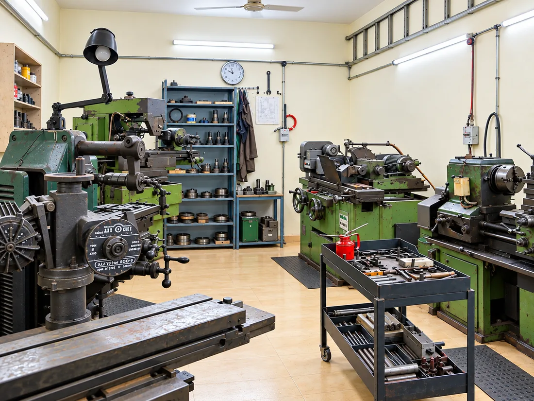 Illustrative workshop interior with industrial machinery